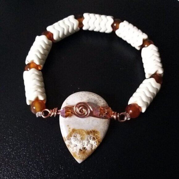 Rustic!!! Wire Wrapped Fossilized Coral Rock Teardrop Focal + Orange Agate Beads - Picture 8 of 12